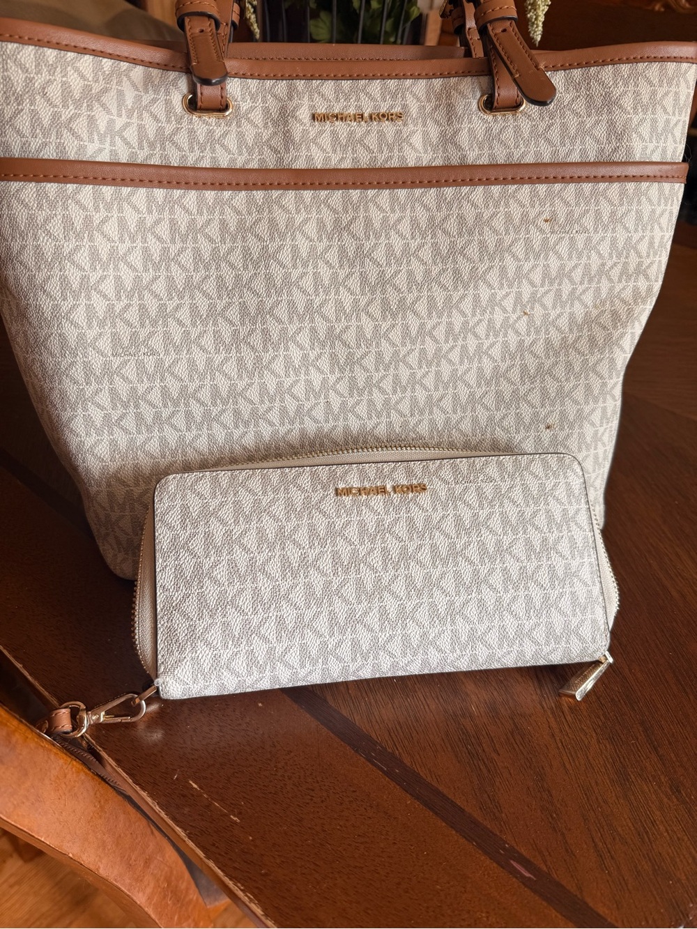 Michael Kors Cream Logo Shoulder Tote with Tan Trim and Matching Wallet